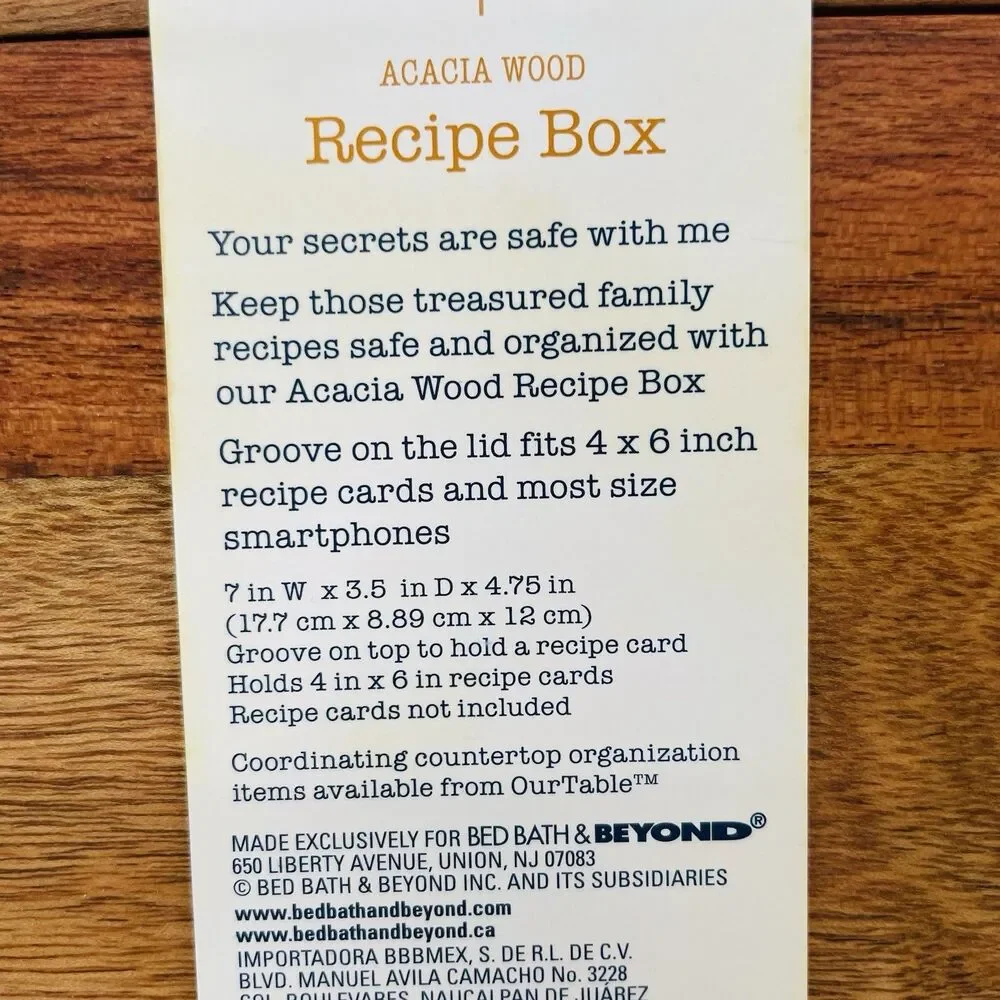 Our Table Acacia Wood Recipe Box Groove On Lid Bed Bath Beyond *No Cards NEW